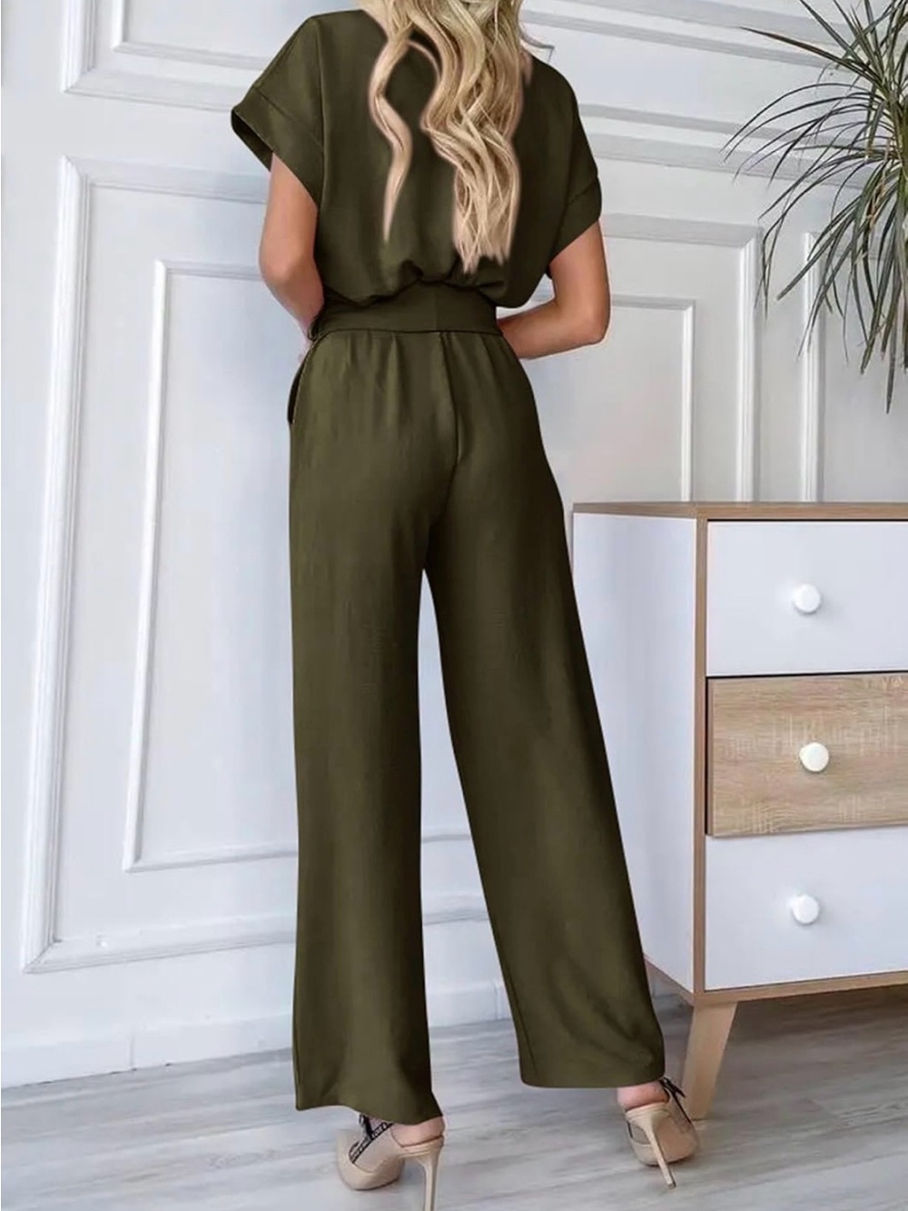 Olive Wrap Front Jumpsuit with Self-Tie Waist - Picture 2 of 5
